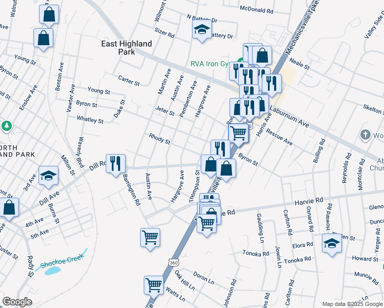 map of restaurants, bars, coffee shops, grocery stores, and more near 2107 Rhudy Street in Richmond