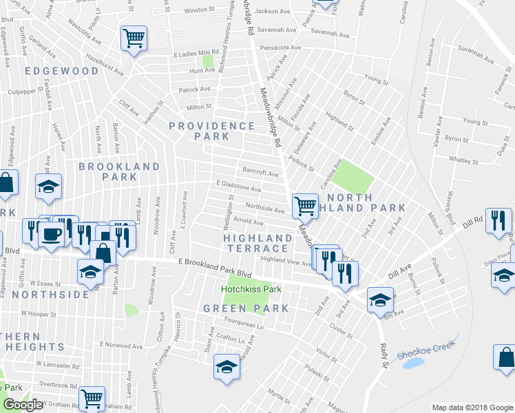 map of restaurants, bars, coffee shops, grocery stores, and more near 699 Northside Avenue in Richmond