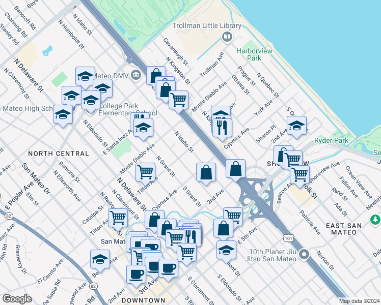 map of restaurants, bars, coffee shops, grocery stores, and more near 43 North Idaho Street in San Mateo