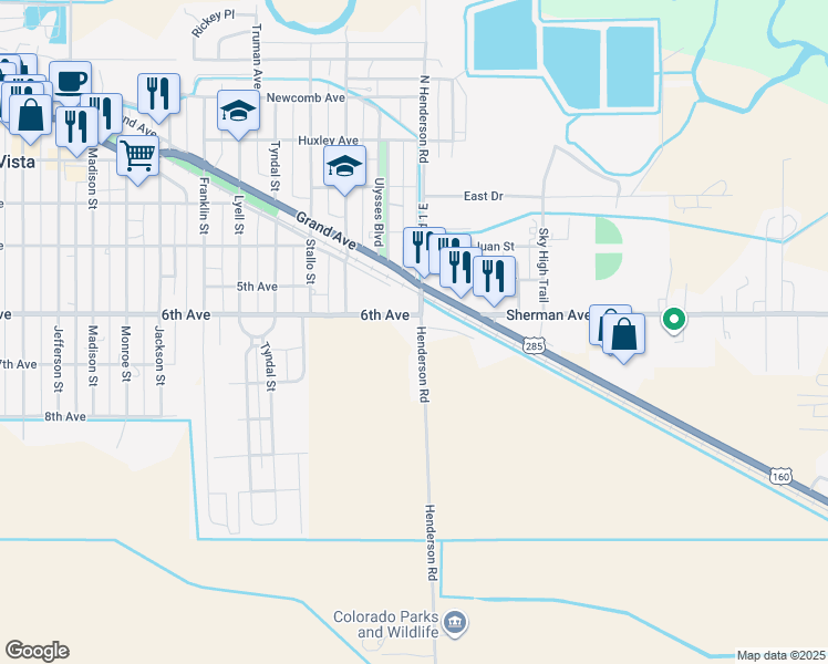 map of restaurants, bars, coffee shops, grocery stores, and more near 228-498 S County Road 1 E in Monte Vista