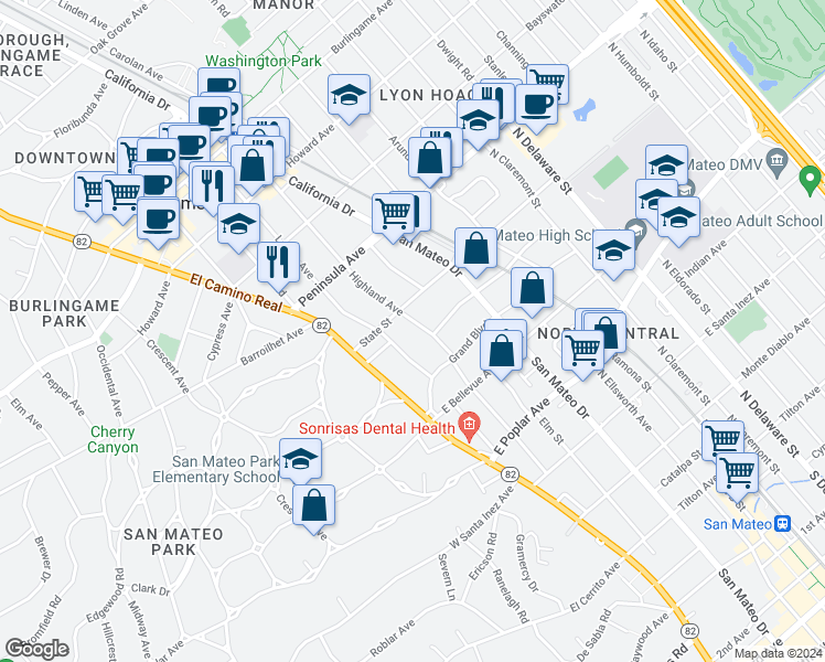 map of restaurants, bars, coffee shops, grocery stores, and more near 719 Highland Avenue in San Mateo