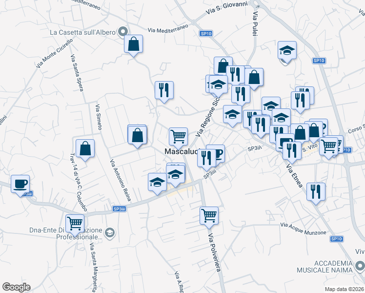 map of restaurants, bars, coffee shops, grocery stores, and more near 75 Via IV Novembre in Mascalucia