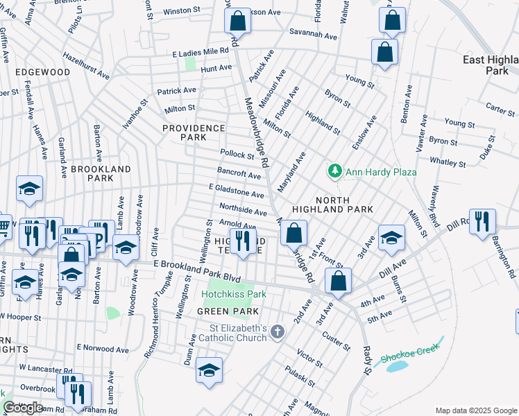 map of restaurants, bars, coffee shops, grocery stores, and more near 714 Northside Avenue in Richmond