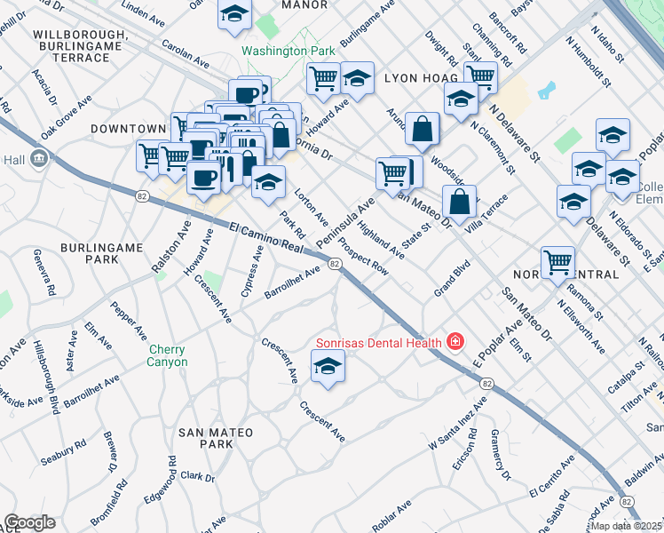 map of restaurants, bars, coffee shops, grocery stores, and more near 821 North El Camino Real in San Mateo