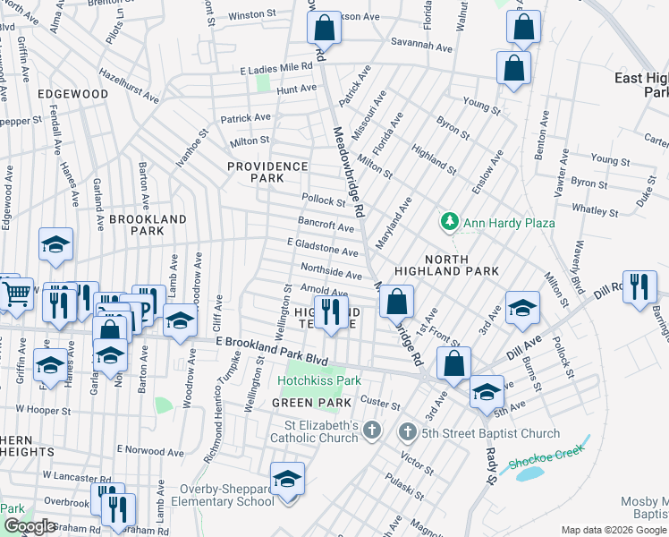map of restaurants, bars, coffee shops, grocery stores, and more near 703 Northside Avenue in Richmond