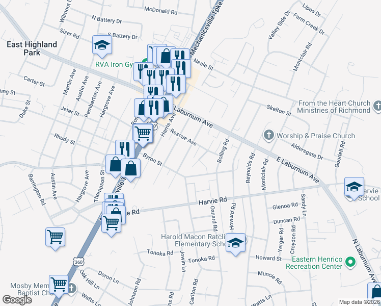 map of restaurants, bars, coffee shops, grocery stores, and more near 3609 Ammons Avenue in Richmond