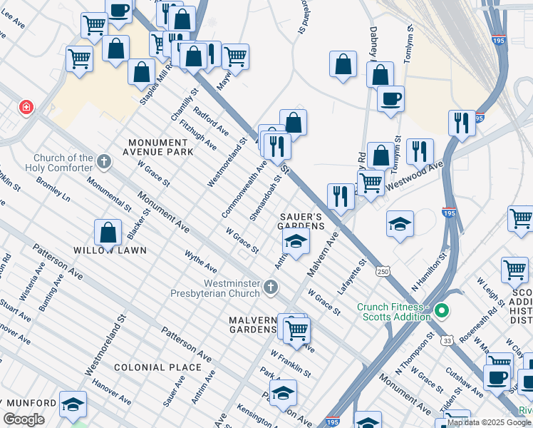 map of restaurants, bars, coffee shops, grocery stores, and more near 4305 Augusta Avenue in Richmond