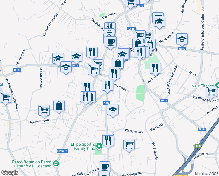 map of restaurants, bars, coffee shops, grocery stores, and more near 7 Piazza Recupero in San Giovanni La Punta