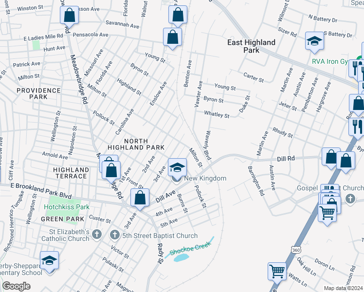 map of restaurants, bars, coffee shops, grocery stores, and more near 1401 Milton Street in Richmond
