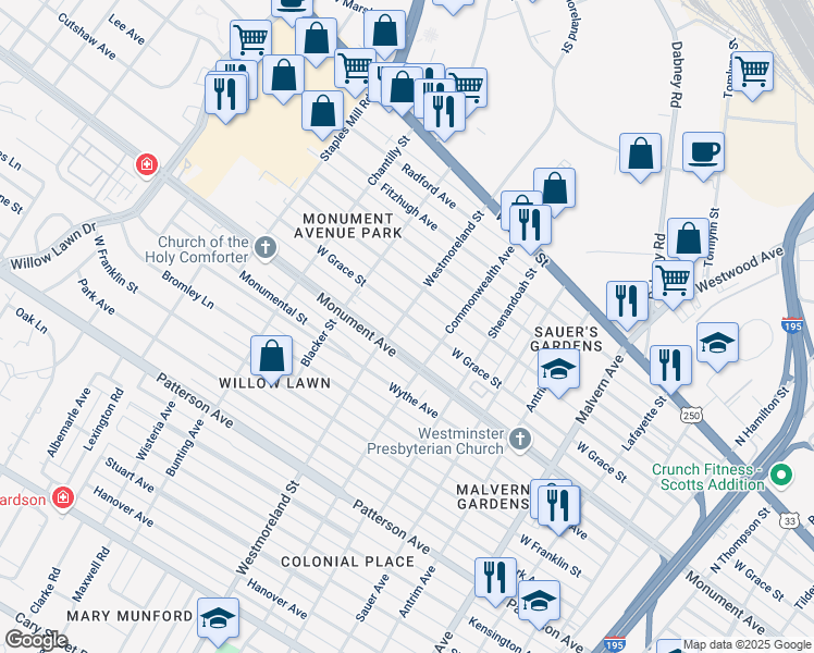 map of restaurants, bars, coffee shops, grocery stores, and more near 4515 West Grace Street in Richmond