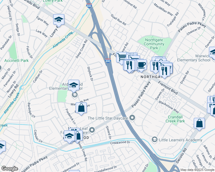 map of restaurants, bars, coffee shops, grocery stores, and more near 4480 Norocco Circle in Fremont