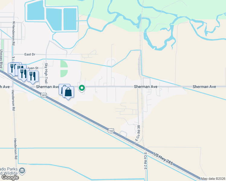 map of restaurants, bars, coffee shops, grocery stores, and more near 664 Mesa Drive in Monte Vista