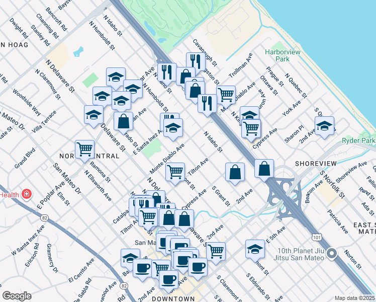 map of restaurants, bars, coffee shops, grocery stores, and more near 144 North Grant Street in San Mateo