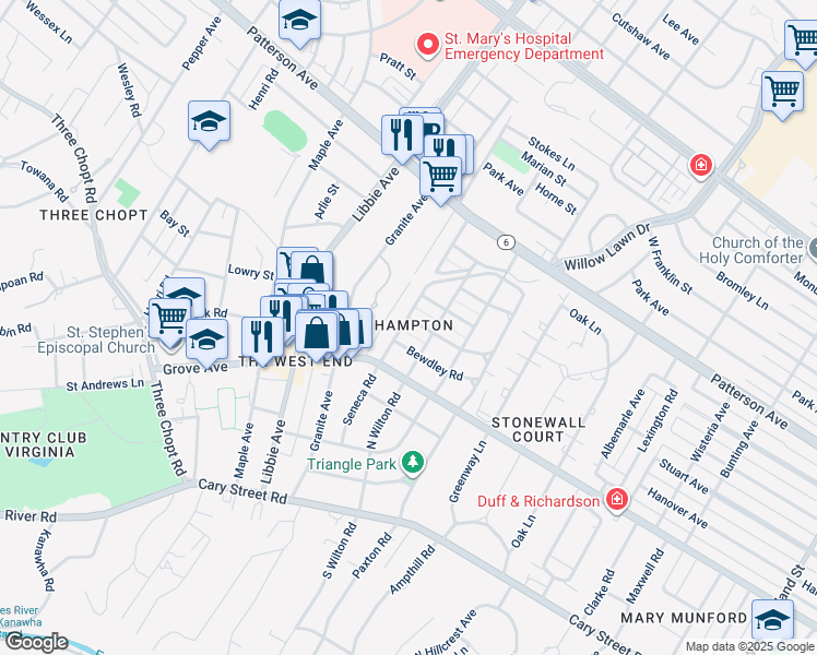 map of restaurants, bars, coffee shops, grocery stores, and more near 5509 Toddsbury Road in Richmond