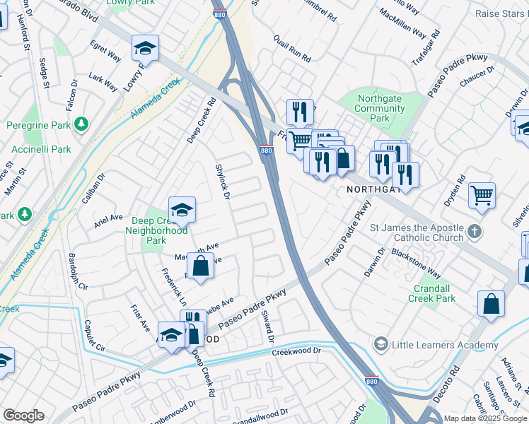 map of restaurants, bars, coffee shops, grocery stores, and more near 4480 Norocco Circle in Fremont