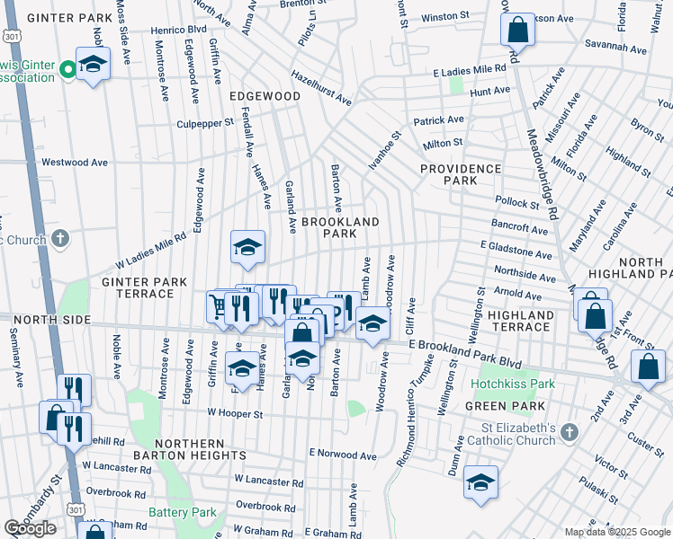 map of restaurants, bars, coffee shops, grocery stores, and more near 3114 Barton Avenue in Richmond