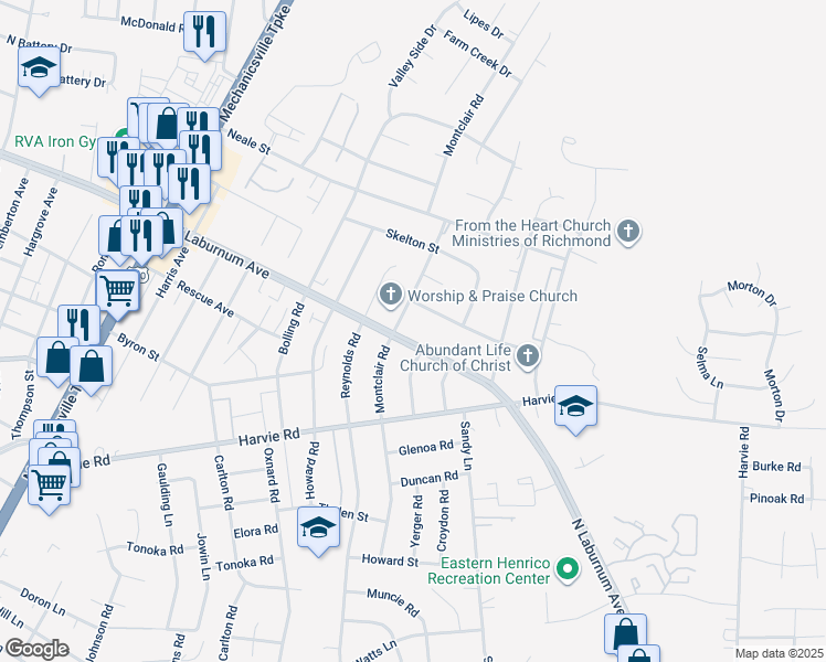 map of restaurants, bars, coffee shops, grocery stores, and more near 3104 East Laburnum Avenue in Richmond