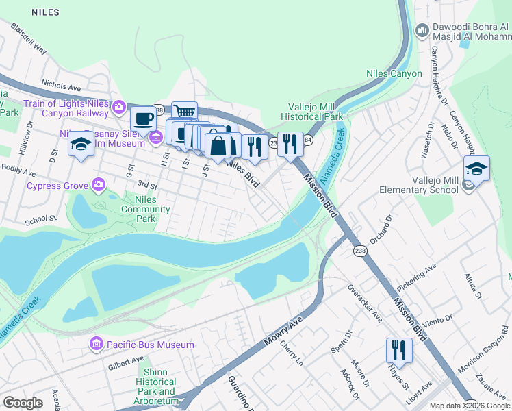 map of restaurants, bars, coffee shops, grocery stores, and more near 159 Quincy Terrace in Fremont