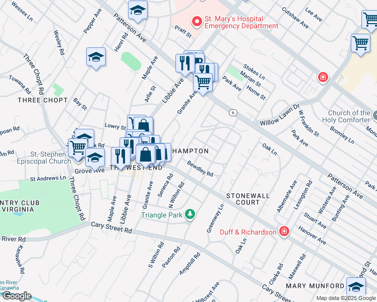 map of restaurants, bars, coffee shops, grocery stores, and more near 5509 Toddsbury Road in Richmond