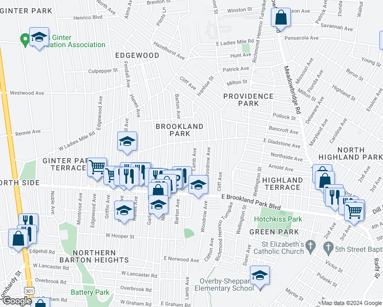 map of restaurants, bars, coffee shops, grocery stores, and more near 3116 Lamb Avenue in Richmond