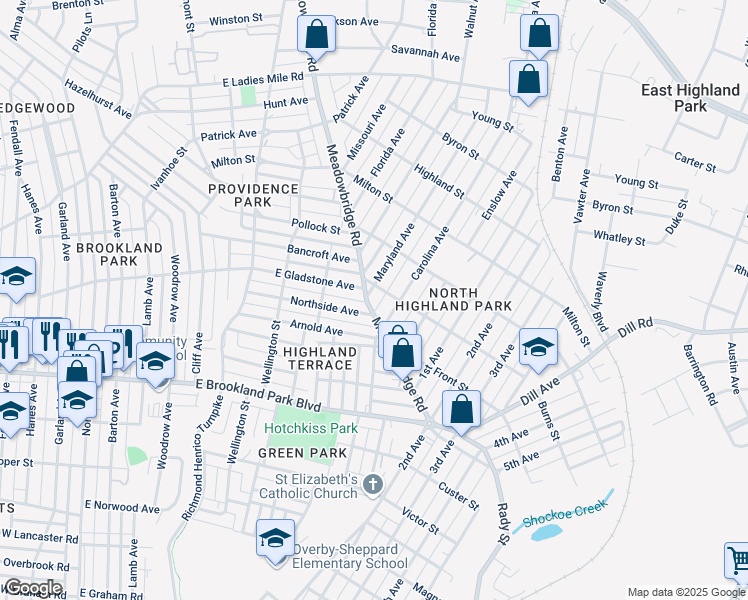 map of restaurants, bars, coffee shops, grocery stores, and more near 3117 Meadowbridge Road in Richmond