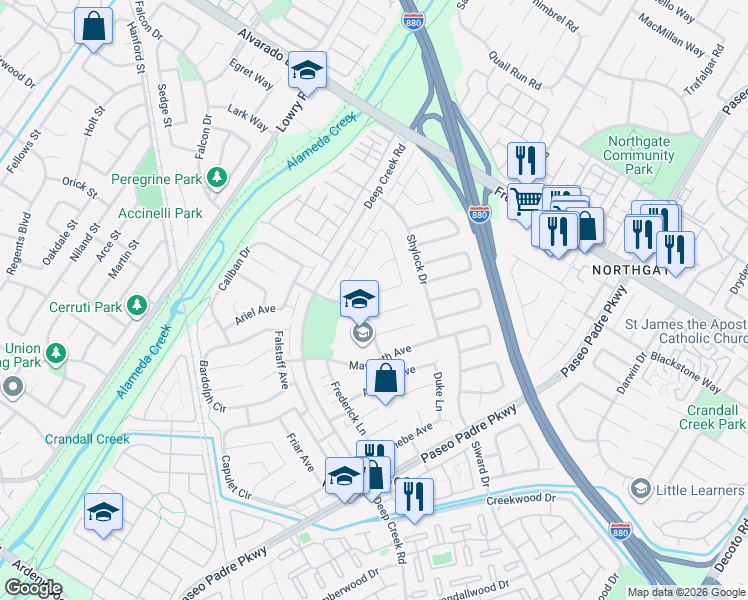 map of restaurants, bars, coffee shops, grocery stores, and more near 4574 Roderigo Court in Fremont