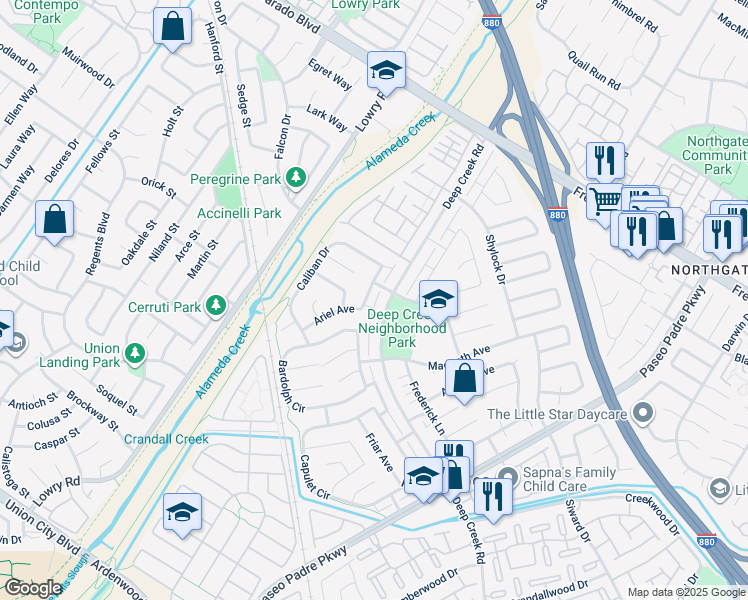 map of restaurants, bars, coffee shops, grocery stores, and more near 4597 Deep Creek Road in Fremont