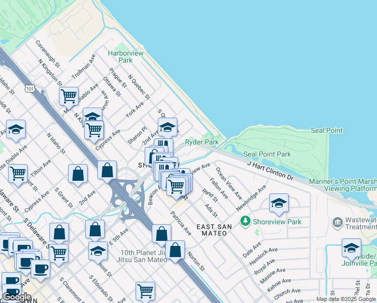 map of restaurants, bars, coffee shops, grocery stores, and more near 1600 East 3rd Avenue in Redwood City