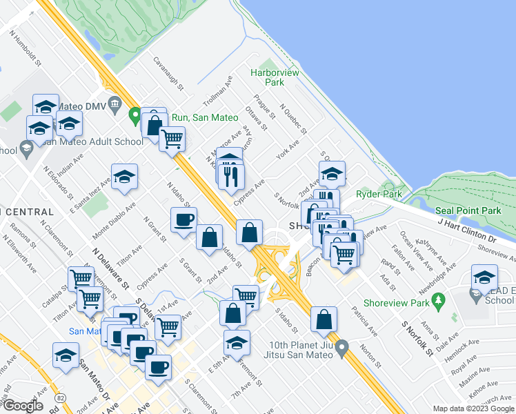 map of restaurants, bars, coffee shops, grocery stores, and more near 128 Lindbergh Street in San Mateo