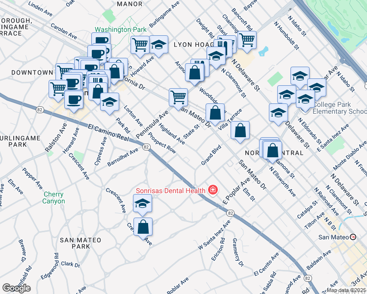 map of restaurants, bars, coffee shops, grocery stores, and more near 704 Prospect Row in San Mateo