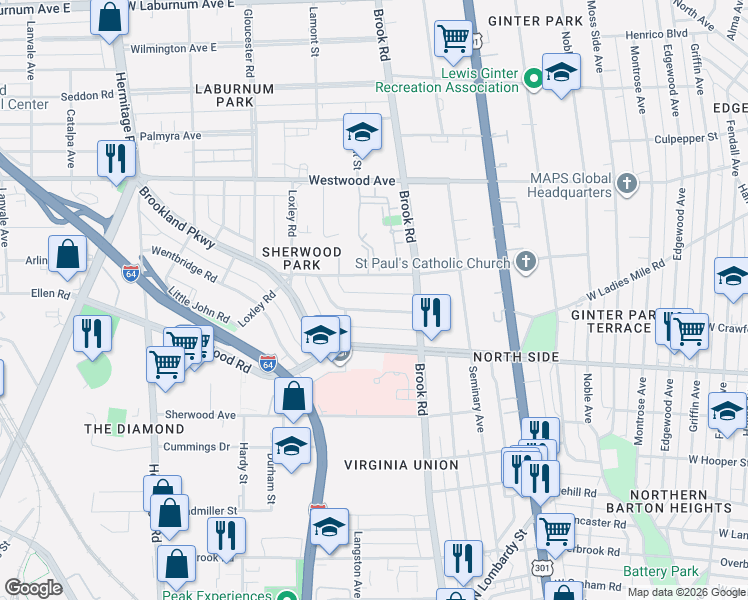 map of restaurants, bars, coffee shops, grocery stores, and more near 1213 Whitby Road in Richmond