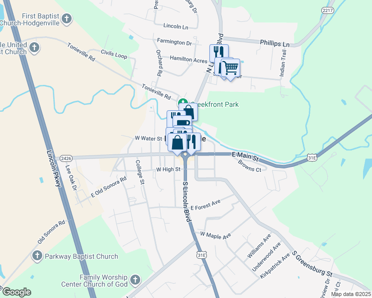 map of restaurants, bars, coffee shops, grocery stores, and more near in Hodgenville