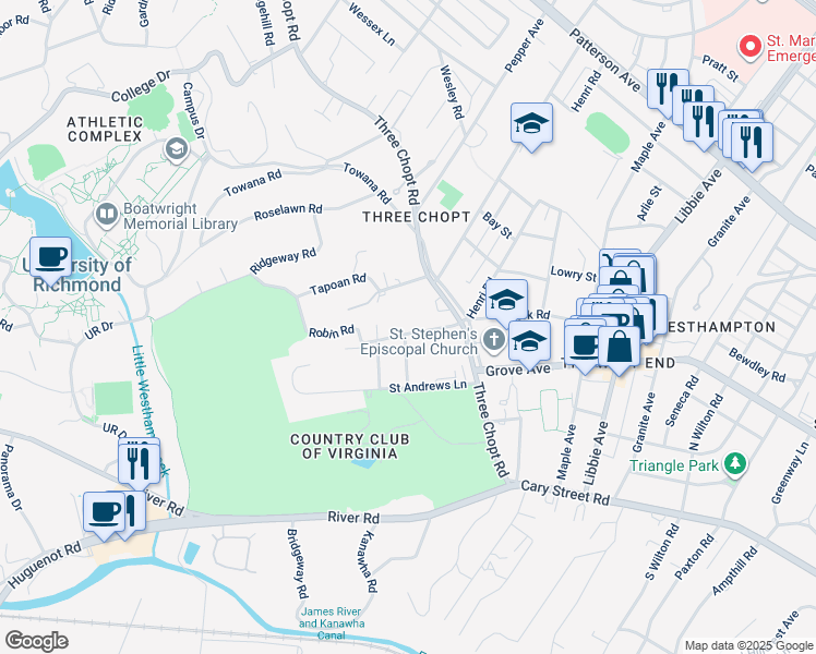 map of restaurants, bars, coffee shops, grocery stores, and more near 8 Iris Lane in Richmond
