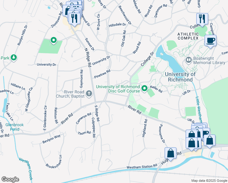 map of restaurants, bars, coffee shops, grocery stores, and more near 7110 Club Vista Lane in Henrico