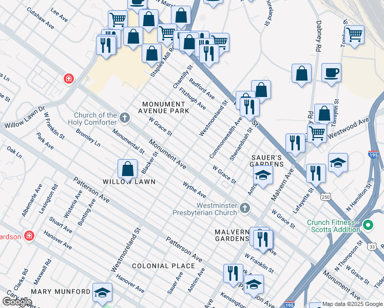 map of restaurants, bars, coffee shops, grocery stores, and more near 4515 West Grace Street in Richmond