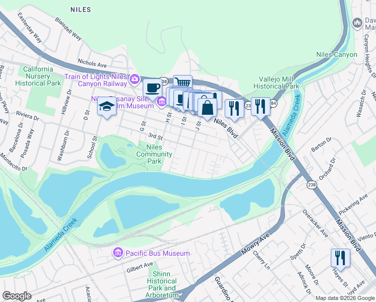 map of restaurants, bars, coffee shops, grocery stores, and more near 37879 3rd Street in Fremont