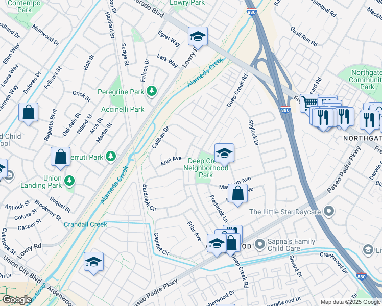 map of restaurants, bars, coffee shops, grocery stores, and more near 4597 Deep Creek Road in Fremont