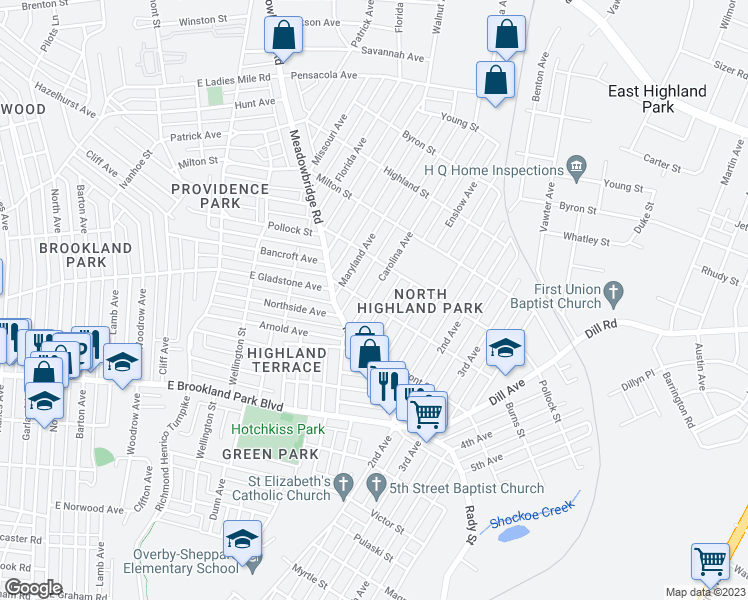 map of restaurants, bars, coffee shops, grocery stores, and more near 3201 Carolina Avenue in Richmond