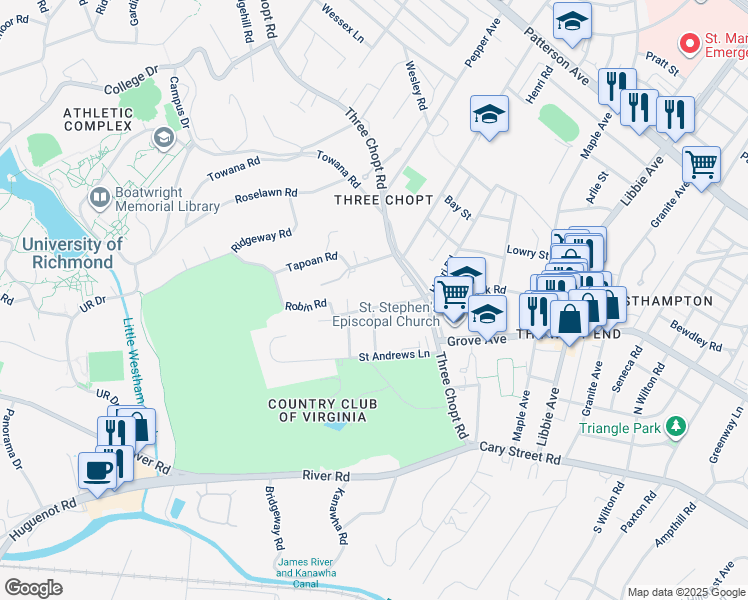 map of restaurants, bars, coffee shops, grocery stores, and more near 8 Iris Lane in Richmond
