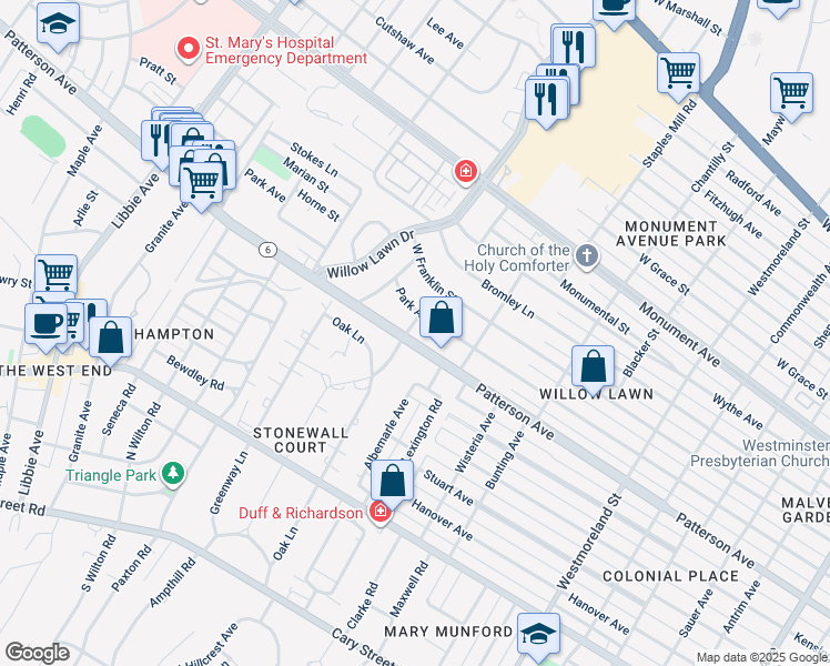 map of restaurants, bars, coffee shops, grocery stores, and more near 901 Harlan Circle in Richmond