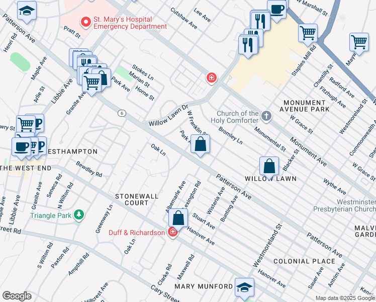 map of restaurants, bars, coffee shops, grocery stores, and more near 901 Harlan Circle in Richmond