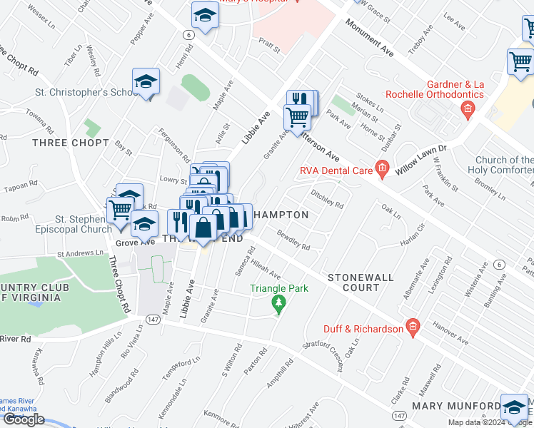 map of restaurants, bars, coffee shops, grocery stores, and more near 406 Seneca Road in Richmond