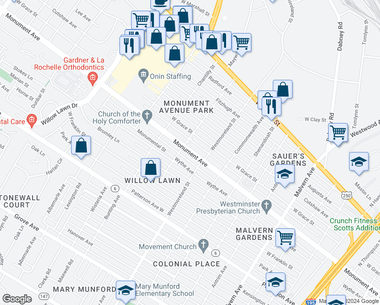 map of restaurants, bars, coffee shops, grocery stores, and more near Monument Avenue in Richmond