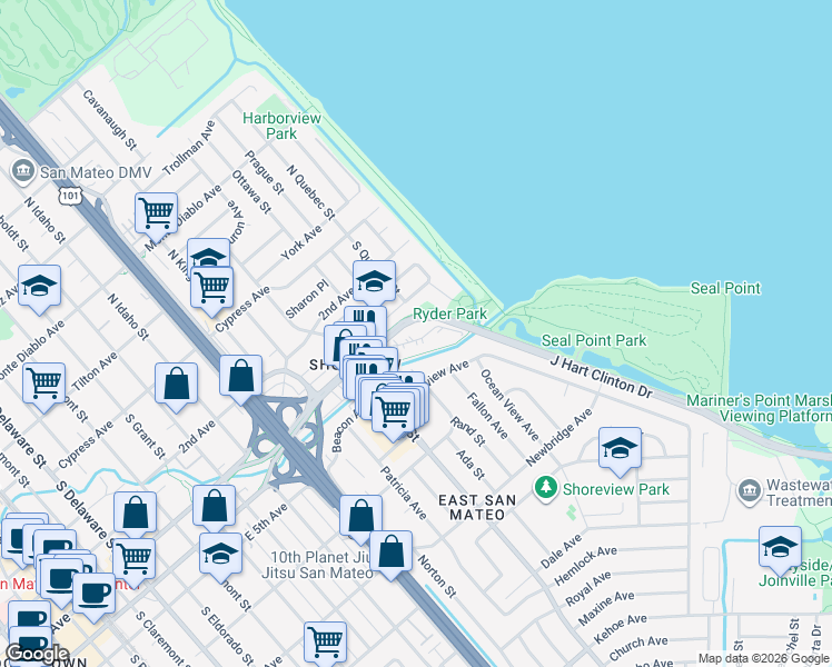 map of restaurants, bars, coffee shops, grocery stores, and more near 1600 East 3rd Avenue in San Mateo