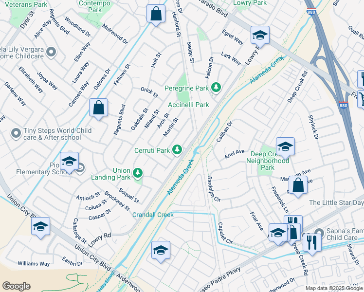 map of restaurants, bars, coffee shops, grocery stores, and more near Novato Street in Union City