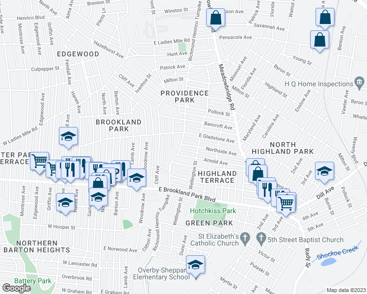 map of restaurants, bars, coffee shops, grocery stores, and more near 509 Northside Avenue in Richmond
