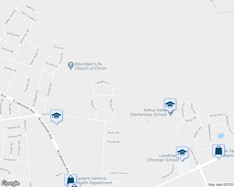map of restaurants, bars, coffee shops, grocery stores, and more near 1605 Eagles Roost Court in Richmond
