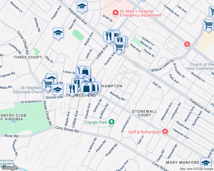 map of restaurants, bars, coffee shops, grocery stores, and more near 406 Seneca Road in Richmond