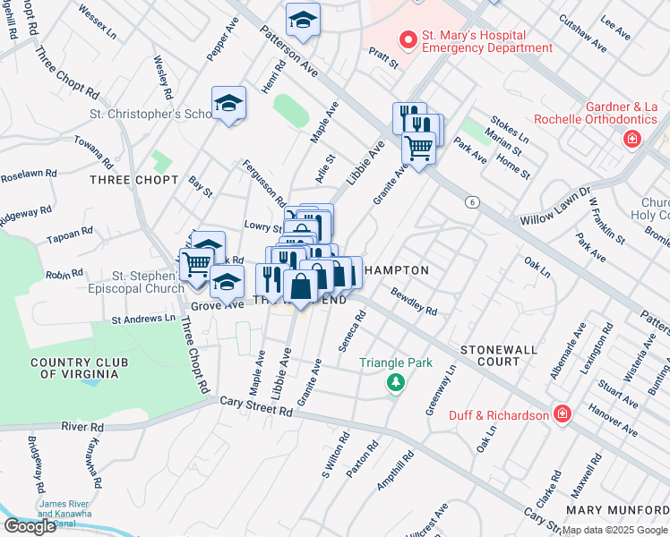 map of restaurants, bars, coffee shops, grocery stores, and more near 312 Granite Avenue in Richmond