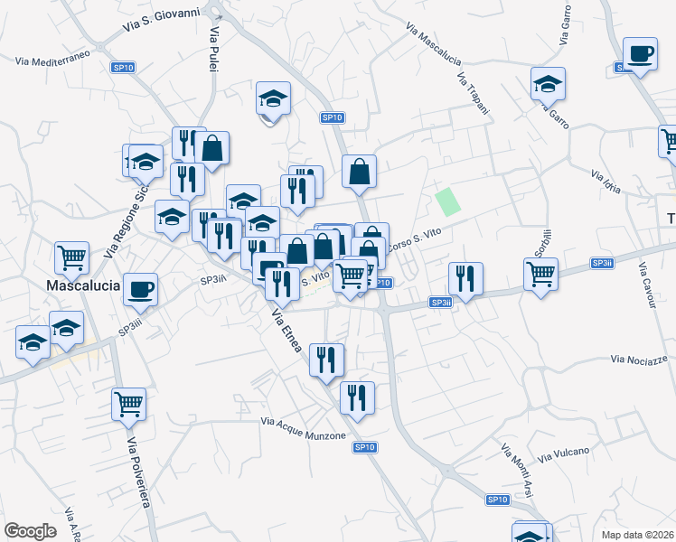 map of restaurants, bars, coffee shops, grocery stores, and more near 81 Corso San Vito in Mascalucia
